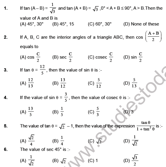 CBSE Class 10 Mathematics Introduction To Trigonometry MCQs Set C ...